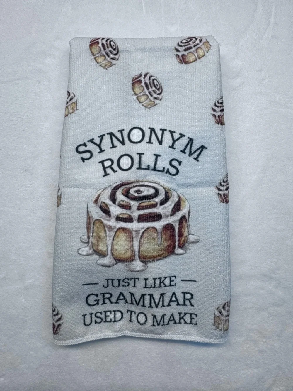 Cinnamon Roll Kitchen Tea Towel - White with Brown Accents